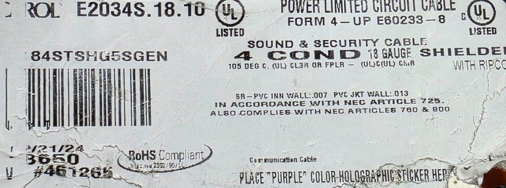 Carol E2034S 18/4C Shielded Bare Copper Sound/Security Cable Riser Gray /50ft