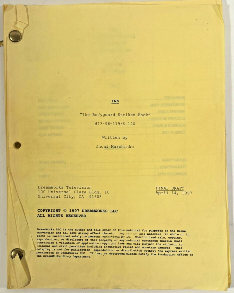 TED DANSON INK TV SCRIPT 1997 ANNOTATED “Bodyguard Strikes Back” Harry Hamlin