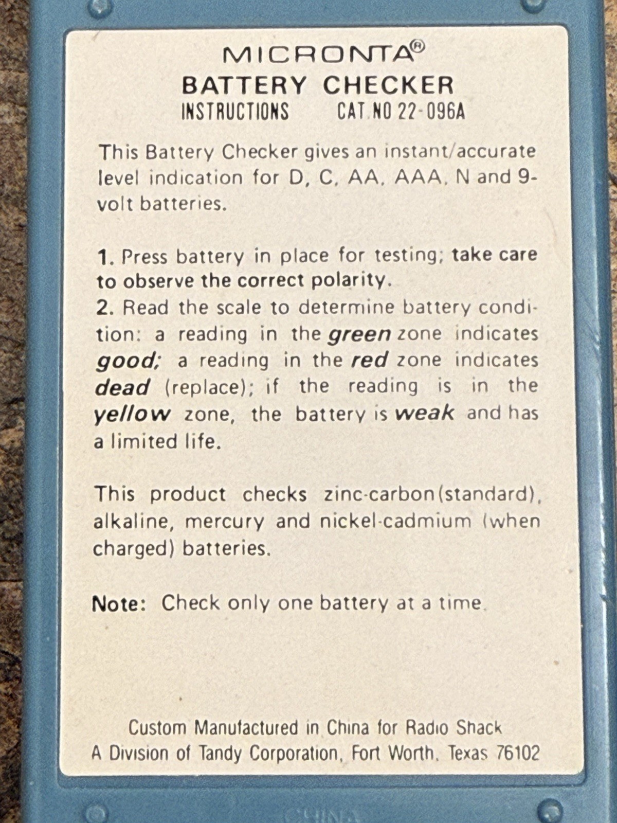 Vintage Micronta Battery Checker Tester 22-096A, D,C, AA, AAA, N & 9-Volt Batt