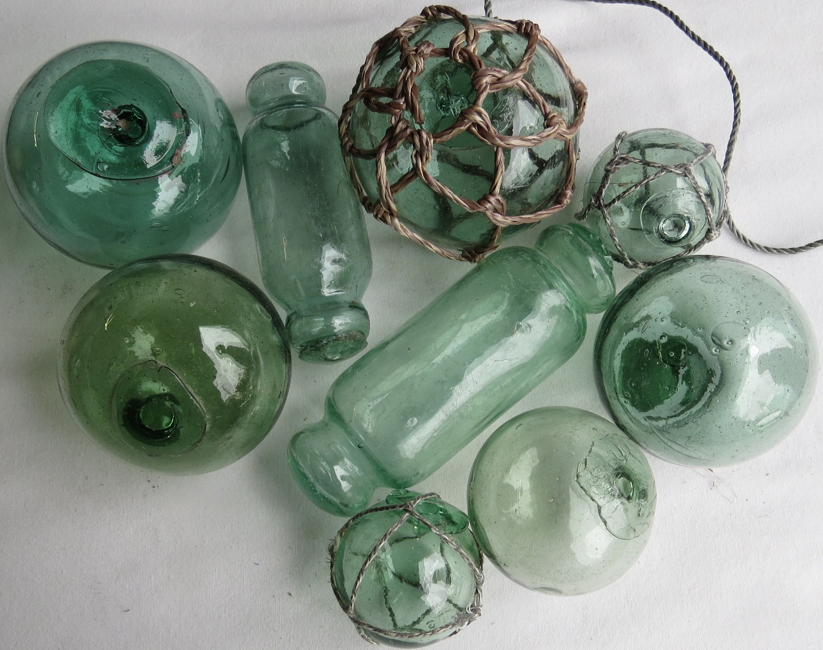 Japanese GLASS FLOATS (9) Sea Greens Mixed Sizes, Shape, Fishing Antiques USA BZ