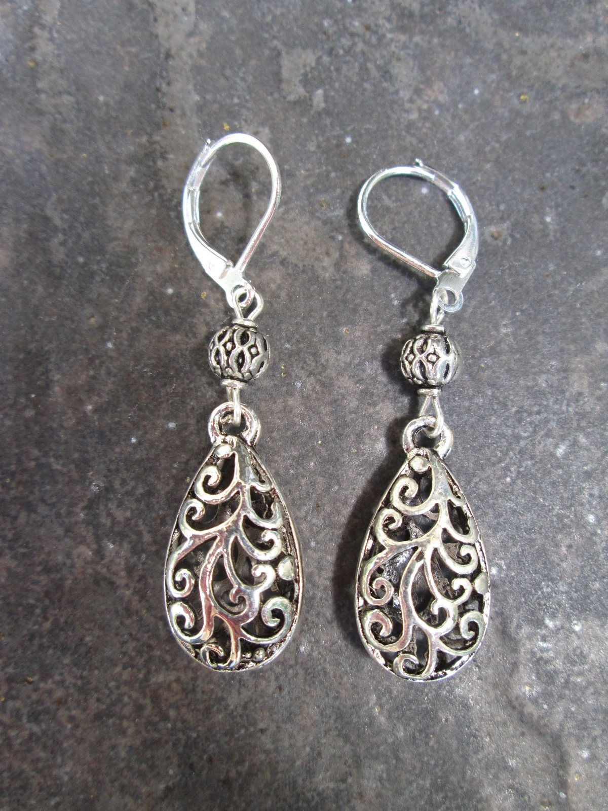Silver Filigree Teardrop Earrings with Sterling Silver Leverbacks