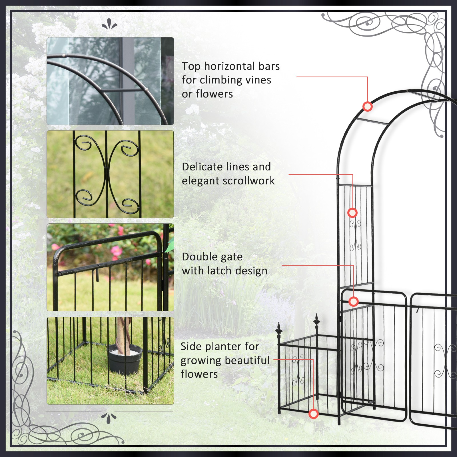 Outdoor Decorative Steel Backyard Gate & Trellis w/ Two Door Design & Scrollwork