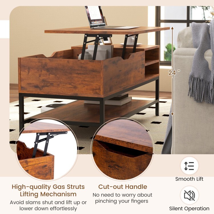 Lift Top Coffee Table, Hidden Storage Space Removable Storage Rack 2 Compartment