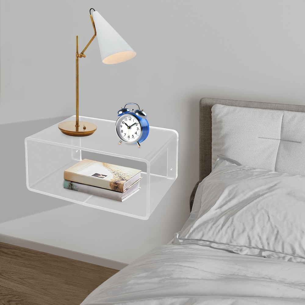 2Tiers Clear Acrylic Wall-Mounted Bedside Table Rectangular Floating Nightstand