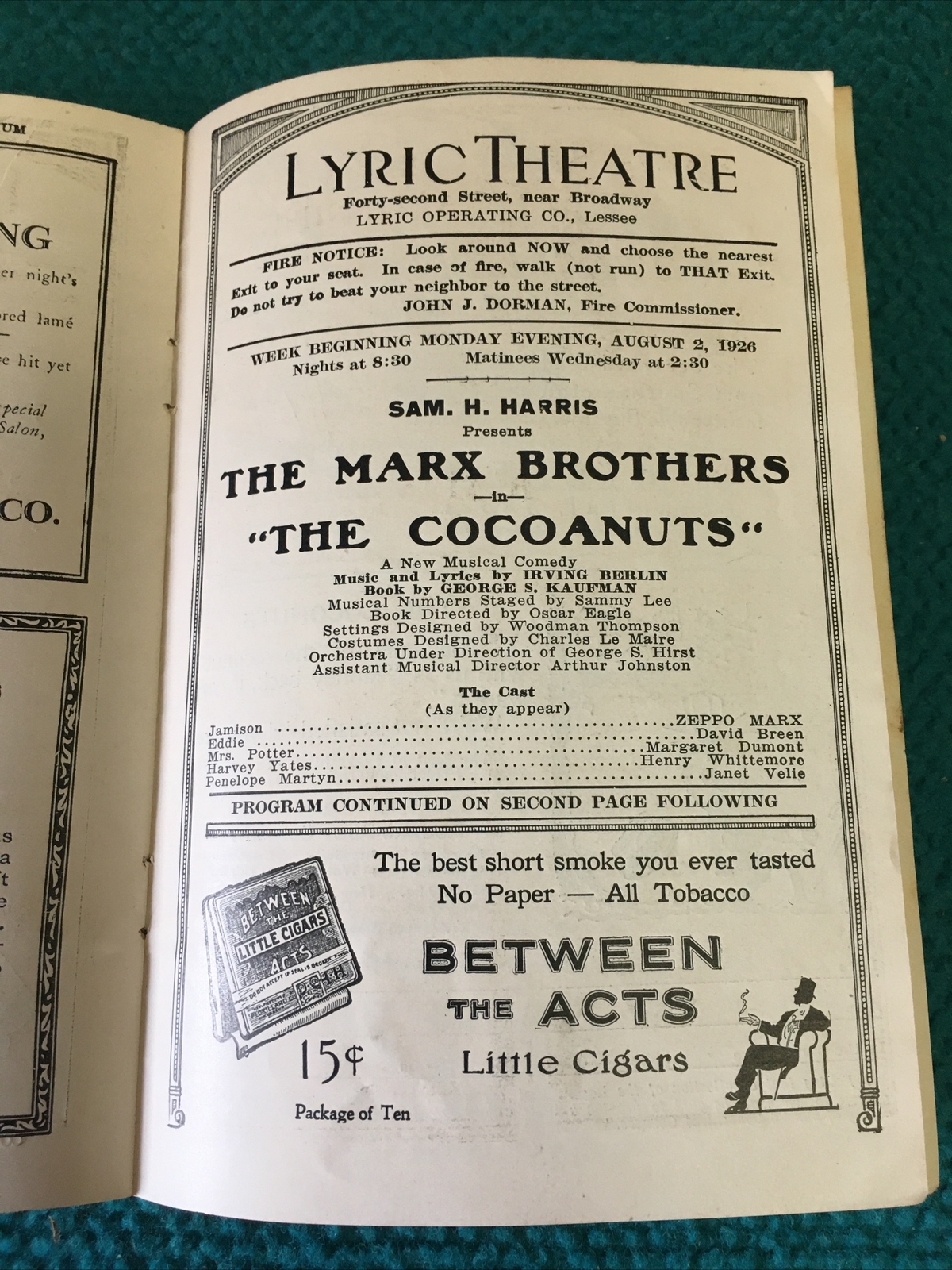 1926 Vintage : LYRIC THEATRE "The Cocoanuts" BROADWAY PLAYBILL @ Marx Brothers