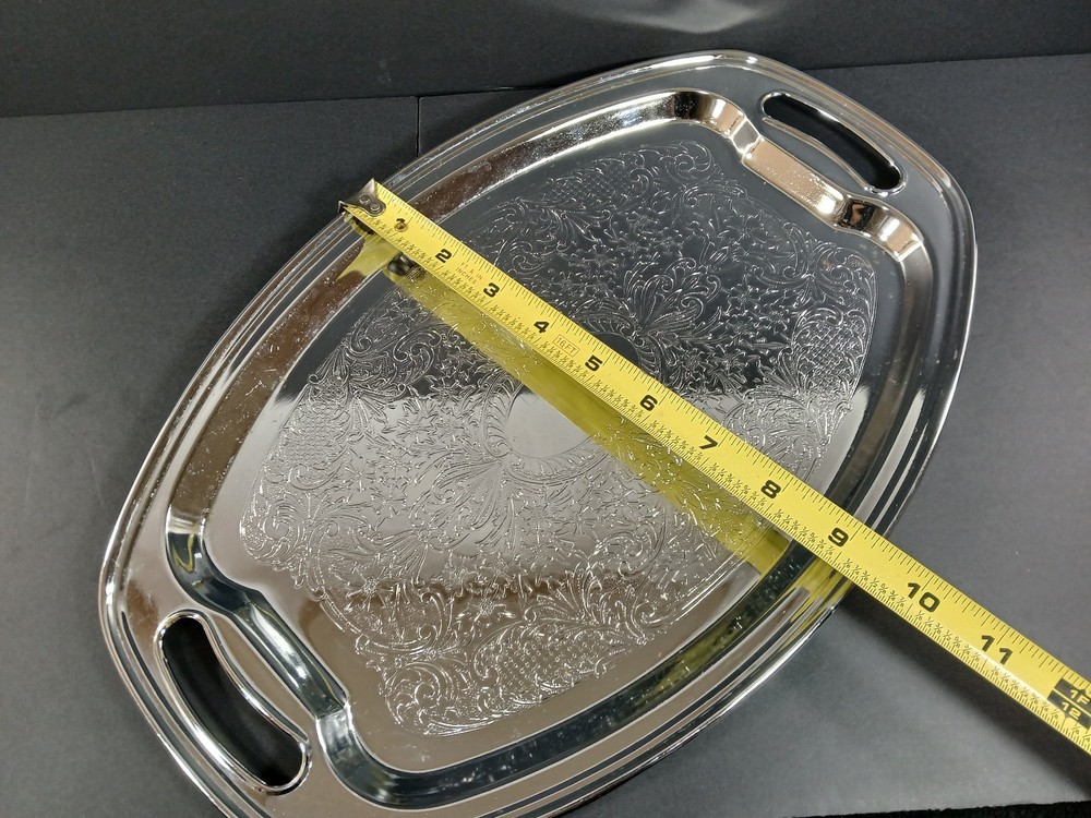 Vintage Chrome-plated Oval Serving Tray w/ Decorative Engraved Ornate Detailing