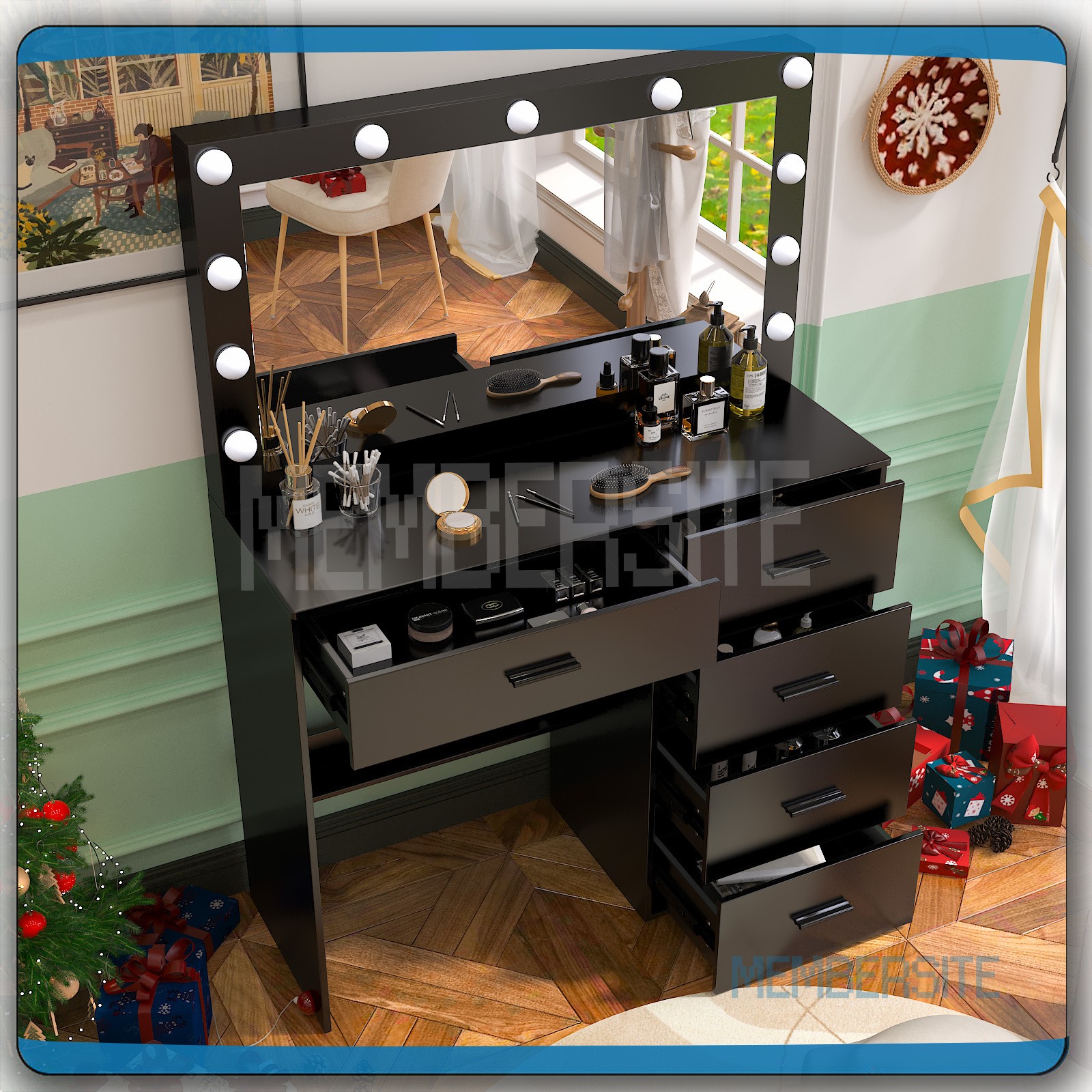 Black Vanity Desk With Large Lighted Mirror 5 Drawers Makeup Dressing Desk Set