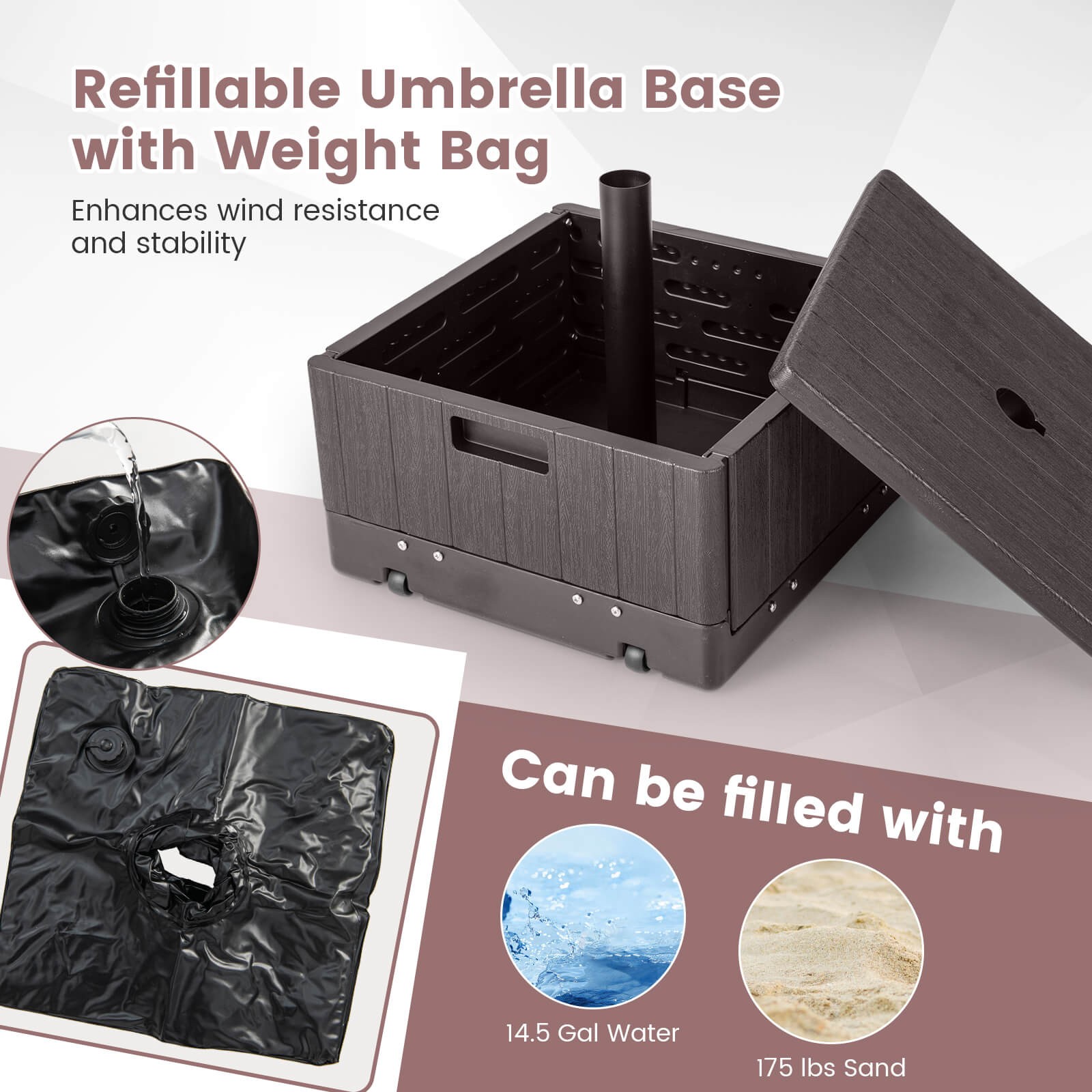 Patio 175lbs Fillable Umbrella Base w/Table Tray Wheeled 3-in-1 Stand Outdoor