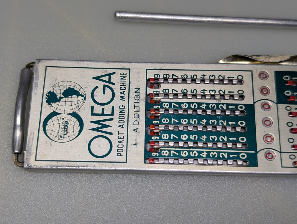 Vintage OMEGA Pocket Adding Machine — Complete w/ Case, Stylus & Instructions