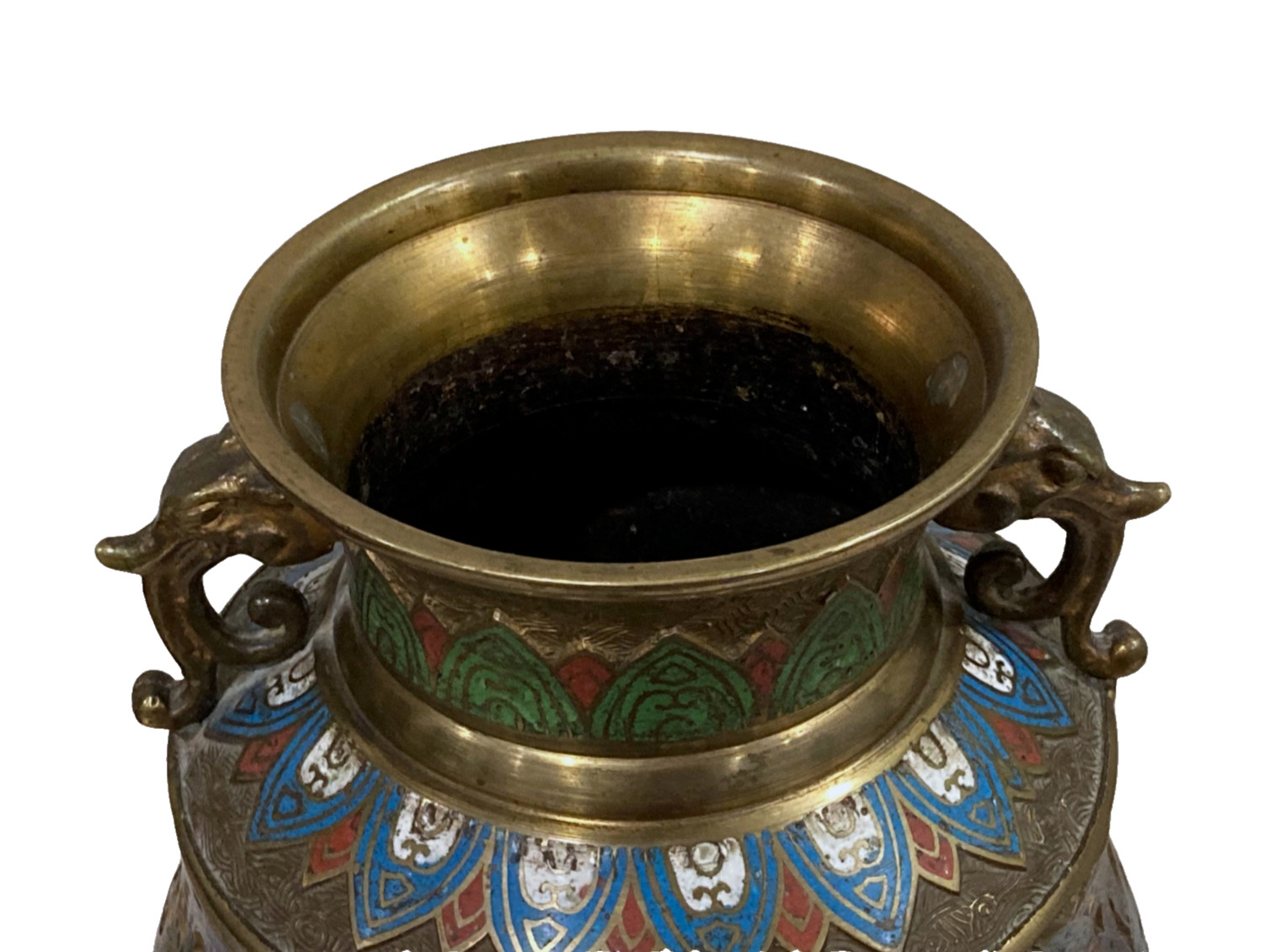 Antique Vintage Rare Shape Lrg Japanese Champleve Cloisonne Enamel Handled Vase