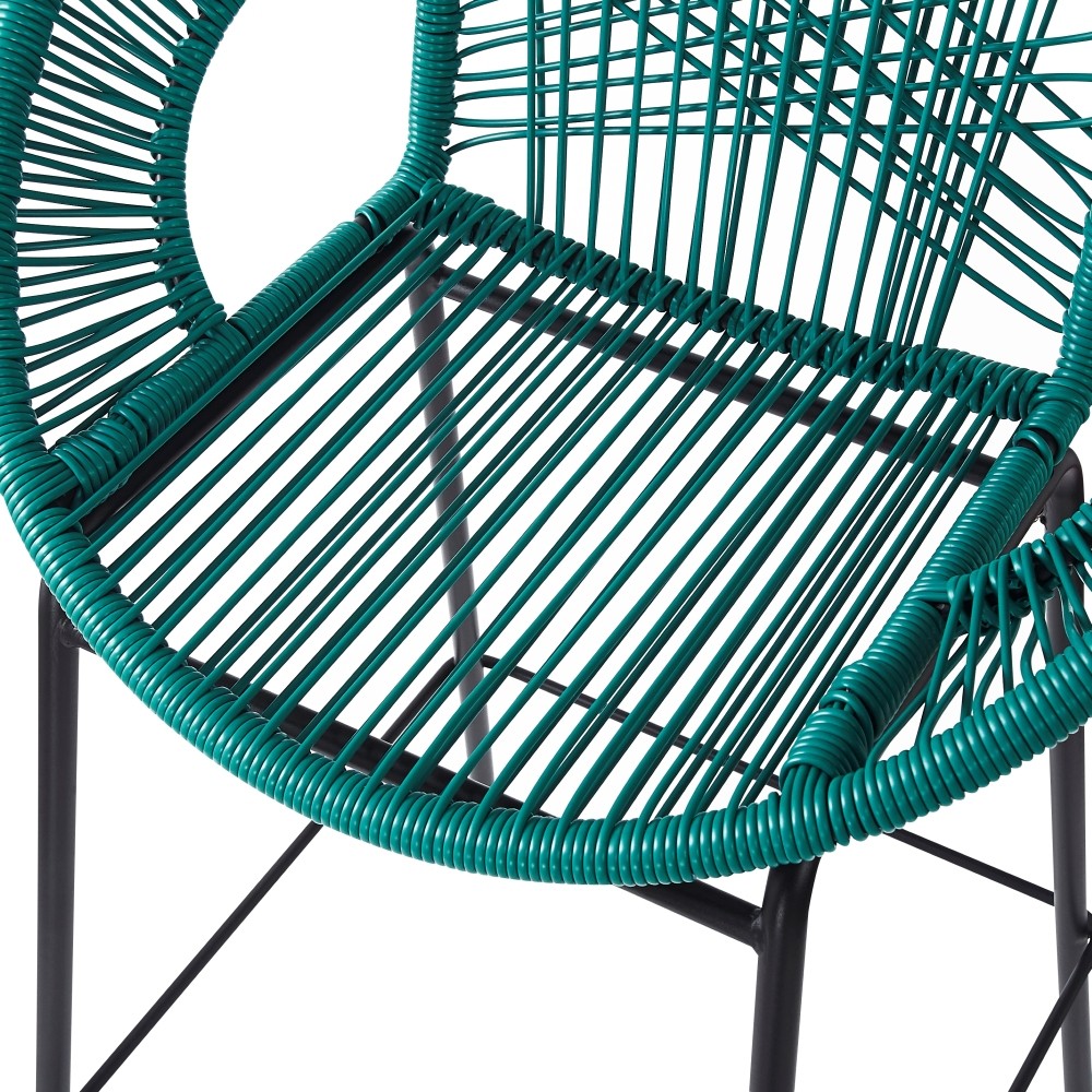 2 Teal & Black Patio Bar Stool Set, Faux Rattan Wicker, UV Resistant