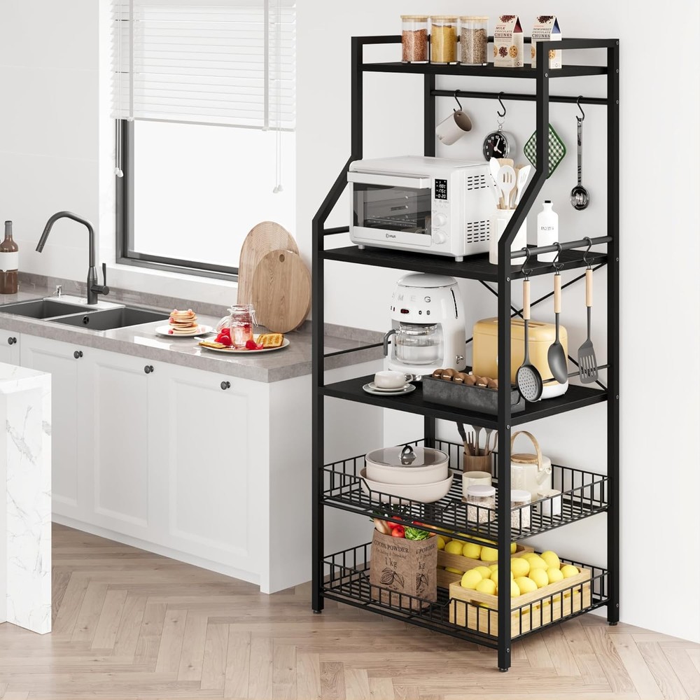 Rustic Microwave Stand 5-Tier Kitchen Storage Rack with Adjustable Feet Gray