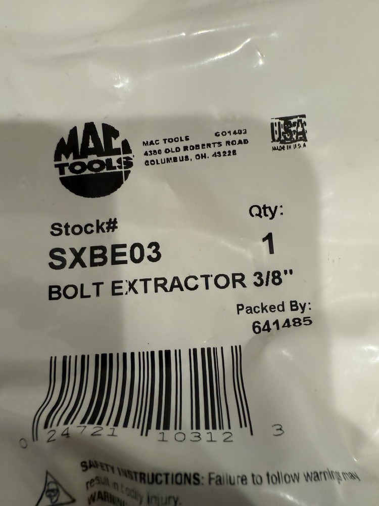 New Mac Tools SXBE03 Bolt Extractor, 3/8”