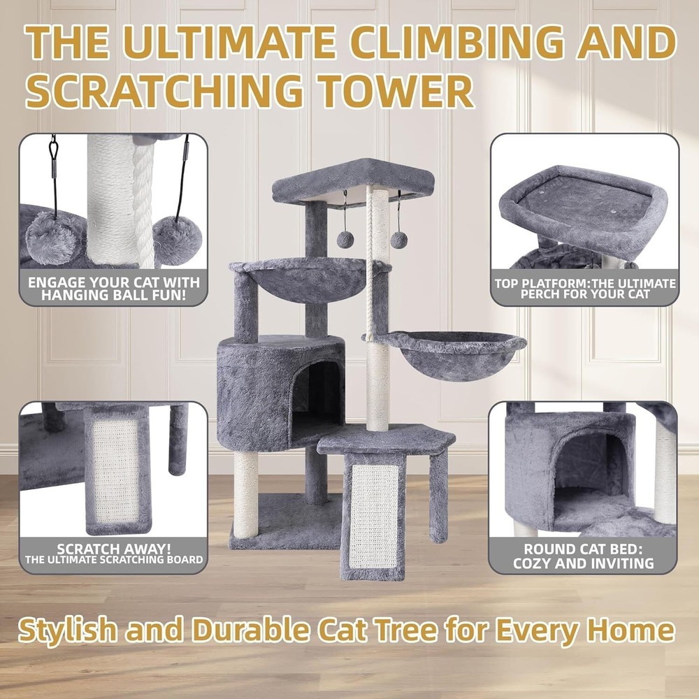 3-Layer Cat Tree Multi-Level Activity Center Cat Condo and Two Hammocks Grey