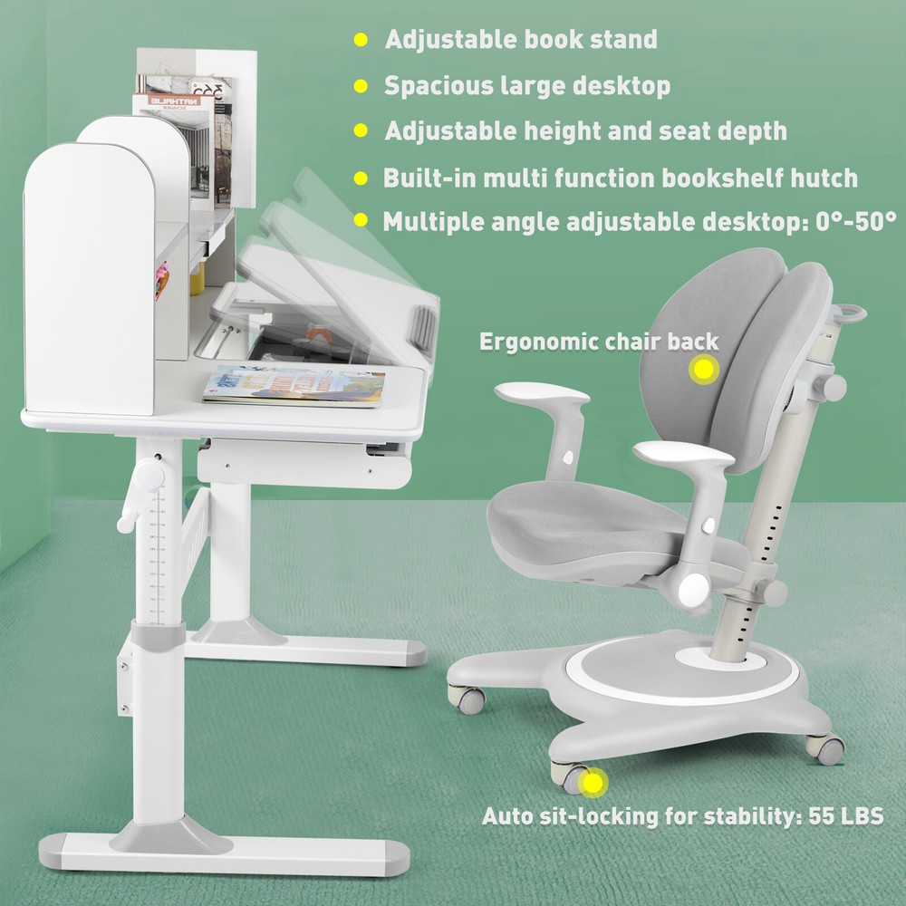 Large Adjustable Height Kids Study Desk Foldable Armrest Chair w/Bookcase,Drawer