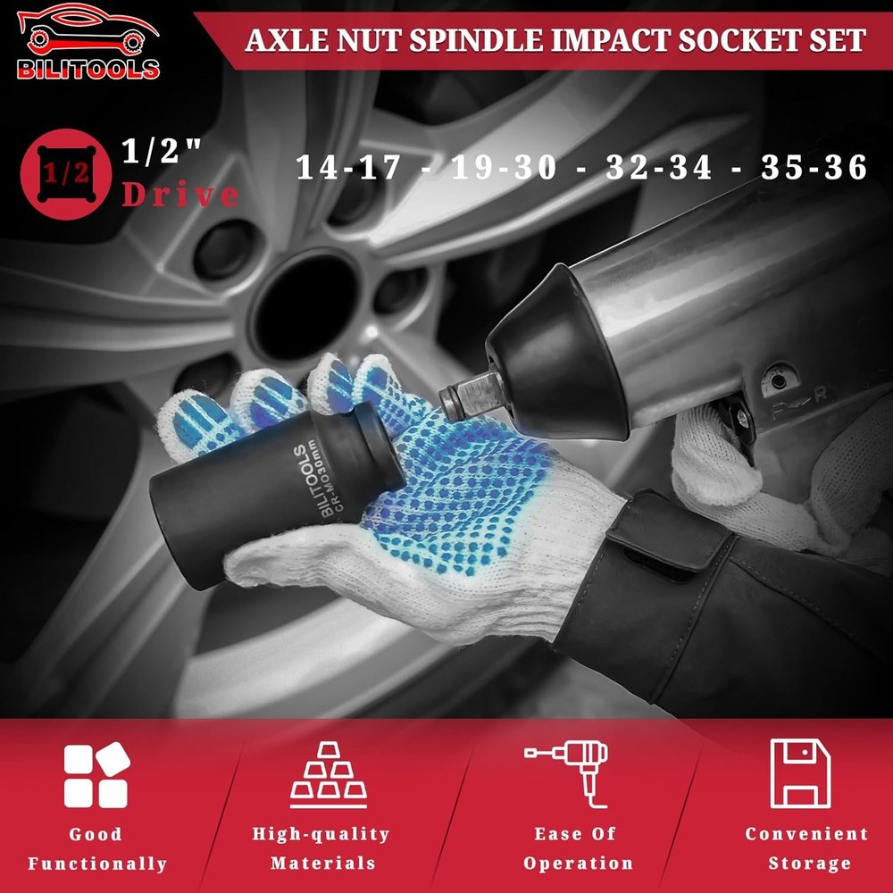 BILITOOLS 12 Point Axle Nut Socket Set, 1/2" Drive Spindle One Size