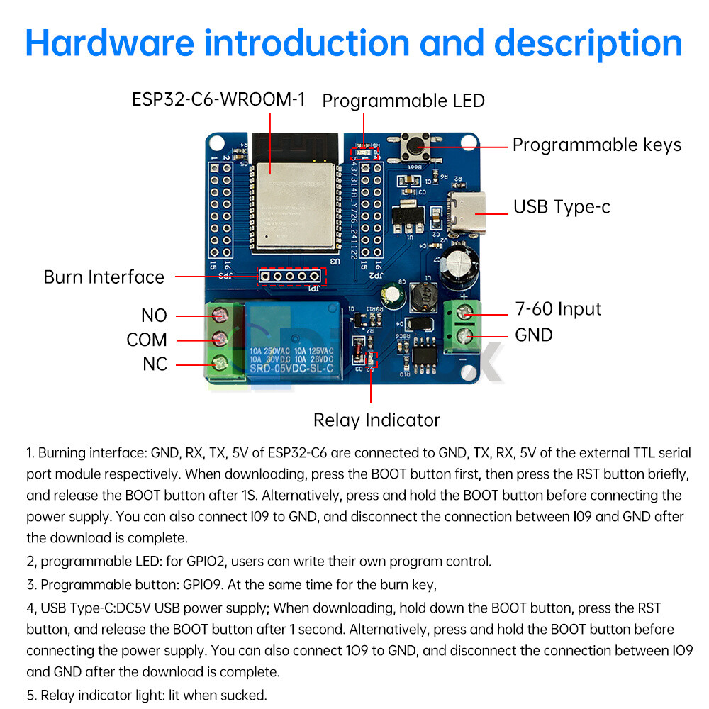 Type-C ESP32-C6 WIFI Bluetooth Development Board Single Channel Relay Module DIY