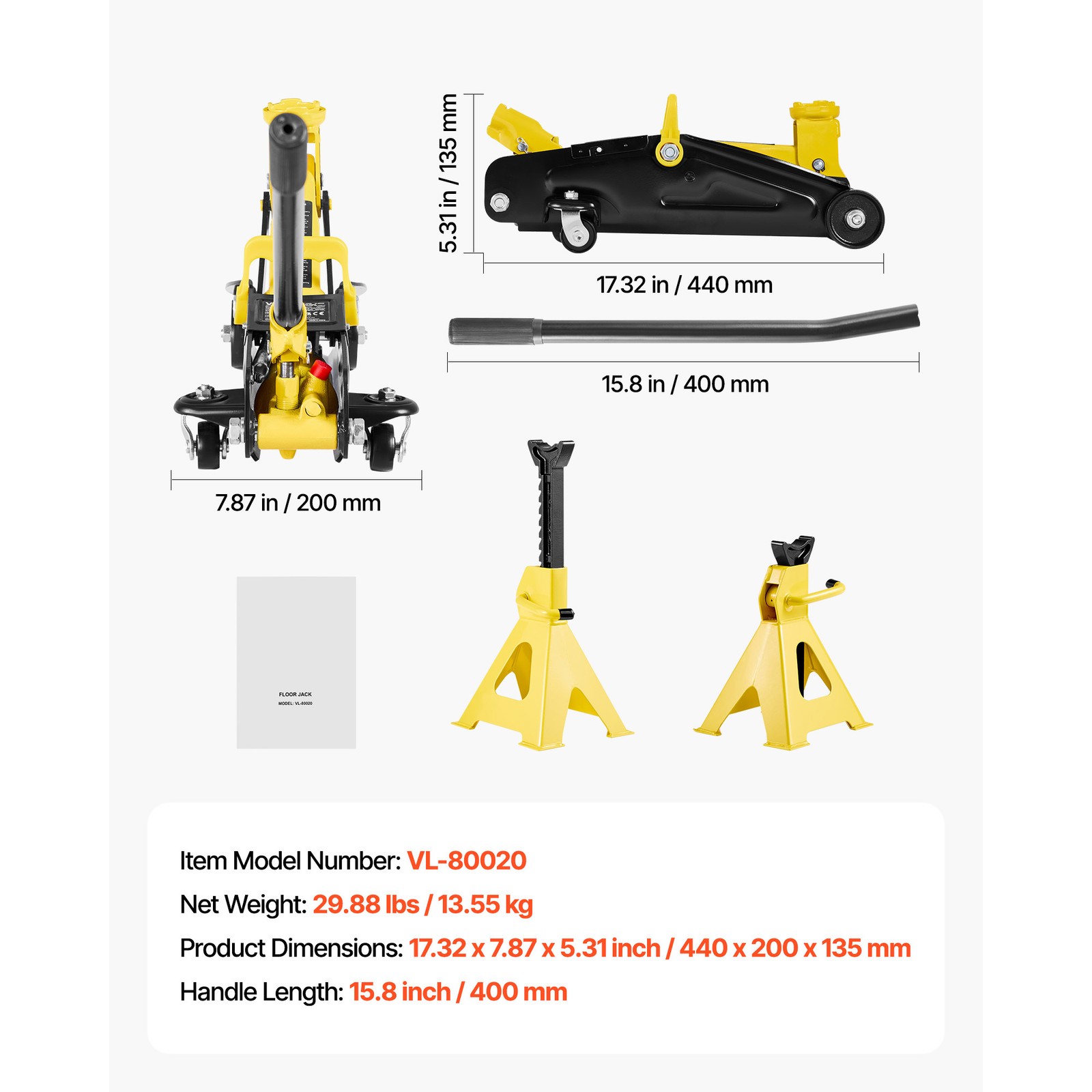 2 Ton Low Profile Floor Jack Single Piston Hydraulic Car Jack with 2 Jack Stands
