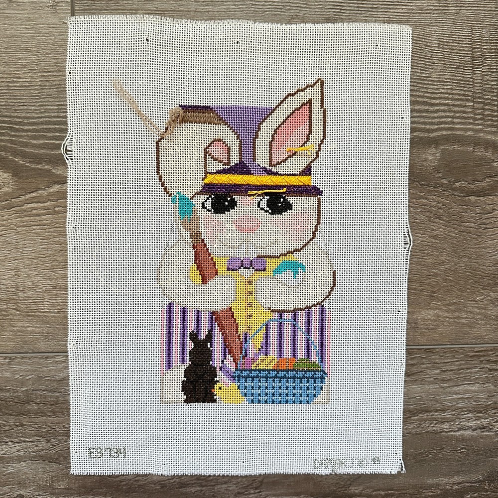 Vintage Damarj "Master Painter Rabbit" Needlepoint Canvas, Threads