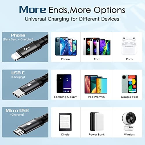 Coiled Multi Charging Cable 3A, 2Pack Retractable Lightning Cable, Multi Black