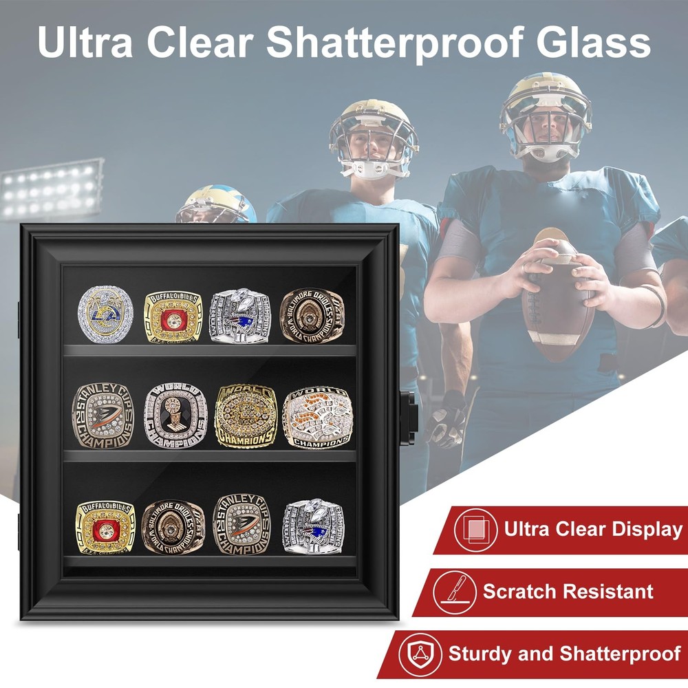 Championship Ring Display Case, 12 Posts 12 Posts-Rectangle, Black