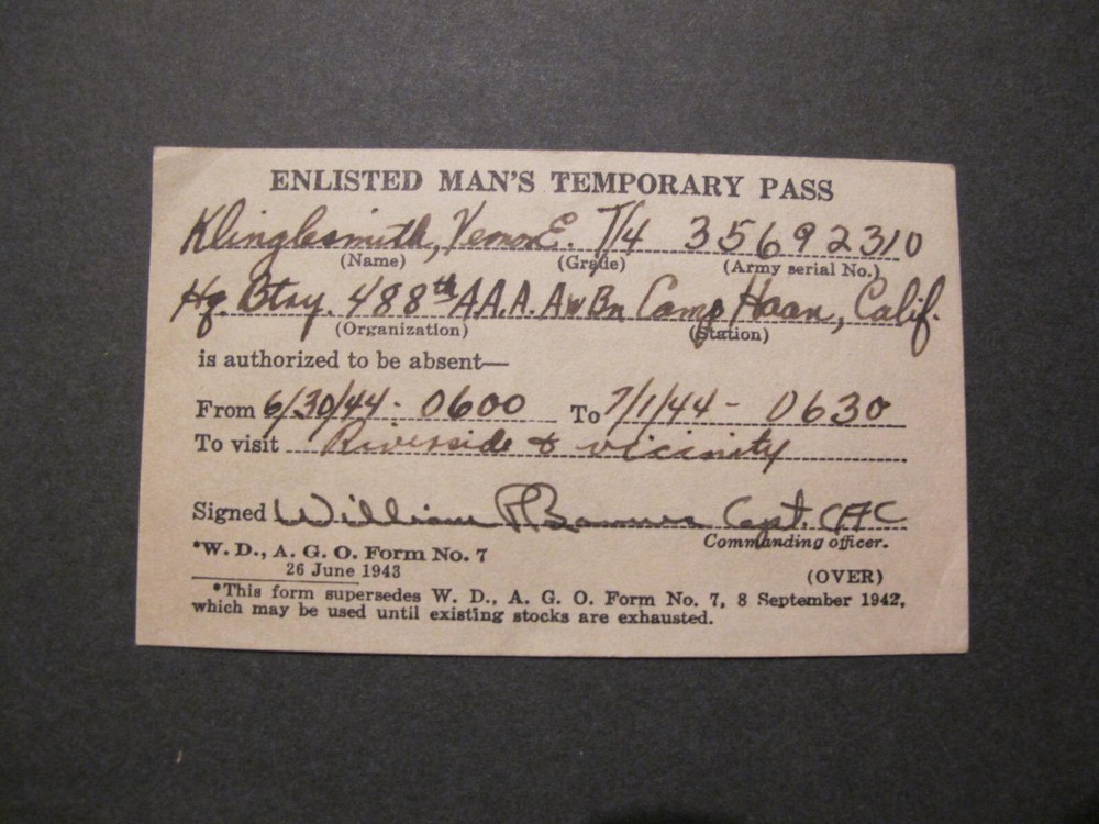 ORIGINAL WW2 U S ARMY ENLISTED MAN'S TEMPORARY PASS 488th AAA
