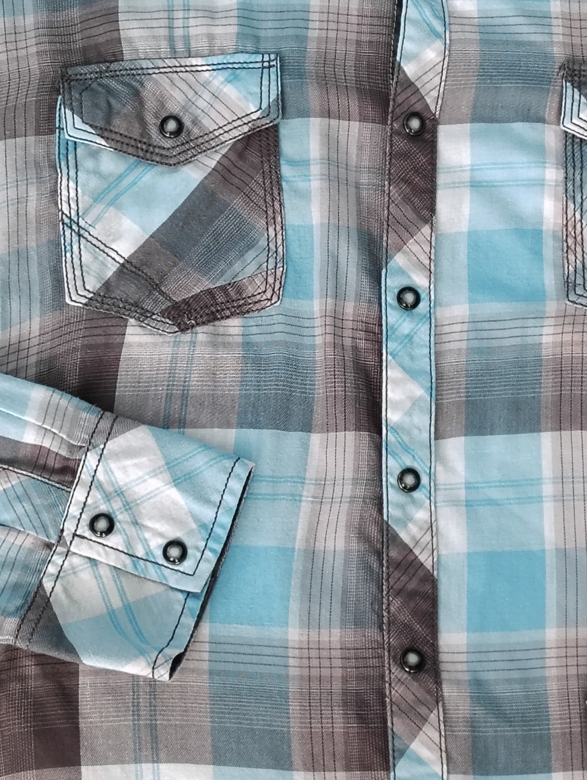 BKE Cowboy Rodeo Pearl Snap Men's Plaid Shirt Blue Gray XL
