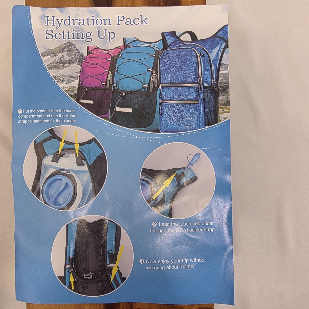 MothyBot Hydration Pack Backpack 2L Bladder Hiking Camping Blue Reflective