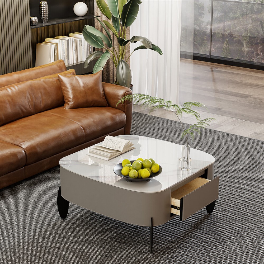 Square Marble Coffee Table Microfiber Saddle Leather Center Table with 2 Drawers