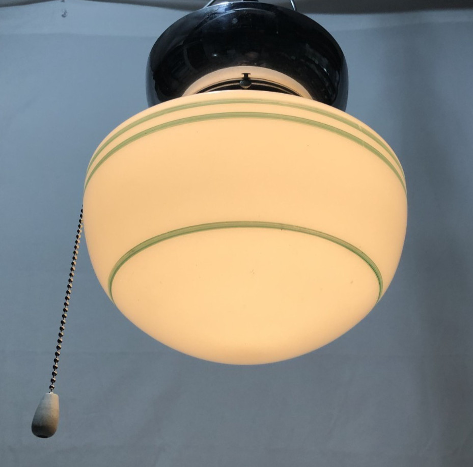 Antique Ceiling Light Chrome Fixture Art Deco Green Glass Shade Stripe USA #K92