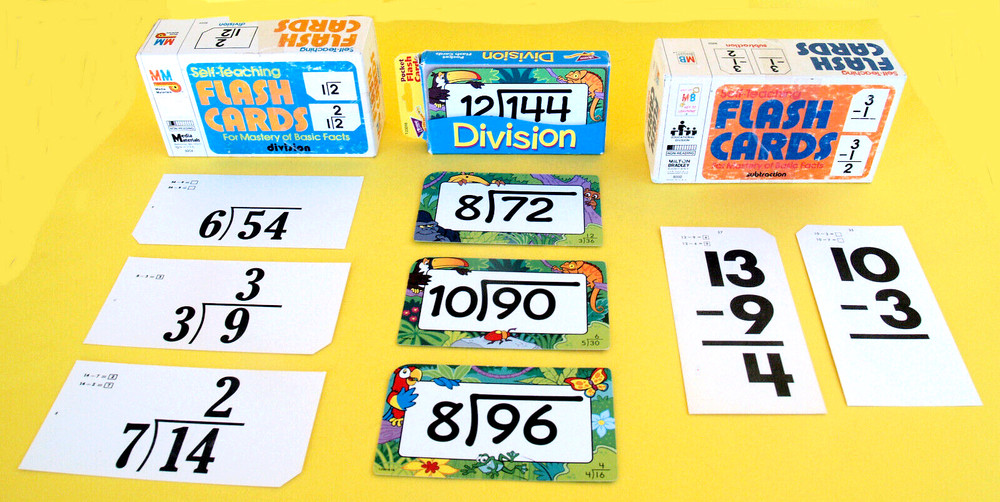3 MATH FLASH CARDS—SUBTRACT + DIVISION—BASIC FACTS—COLORFUL—STORAGE BOXES