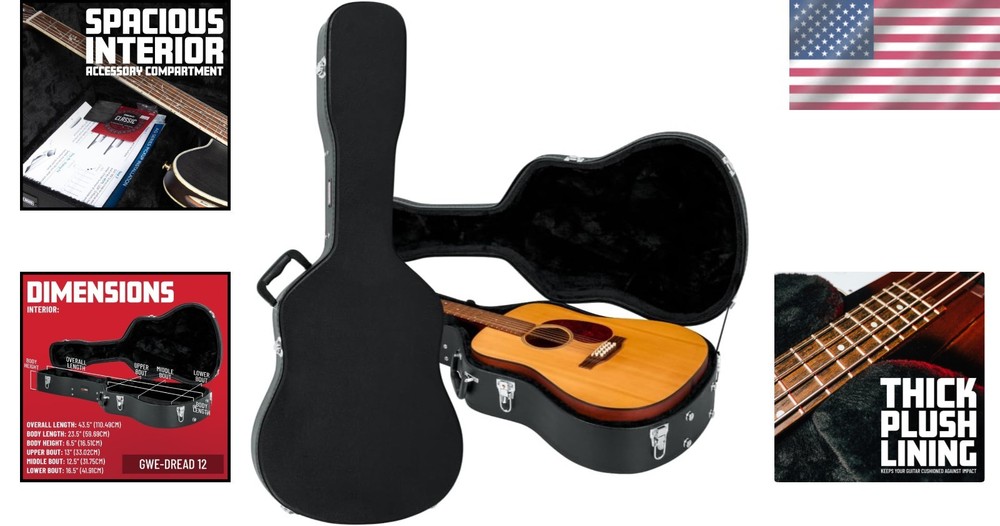 Durable 6/12 String Acoustic Guitar Case with Plush Interior & Locking Latch