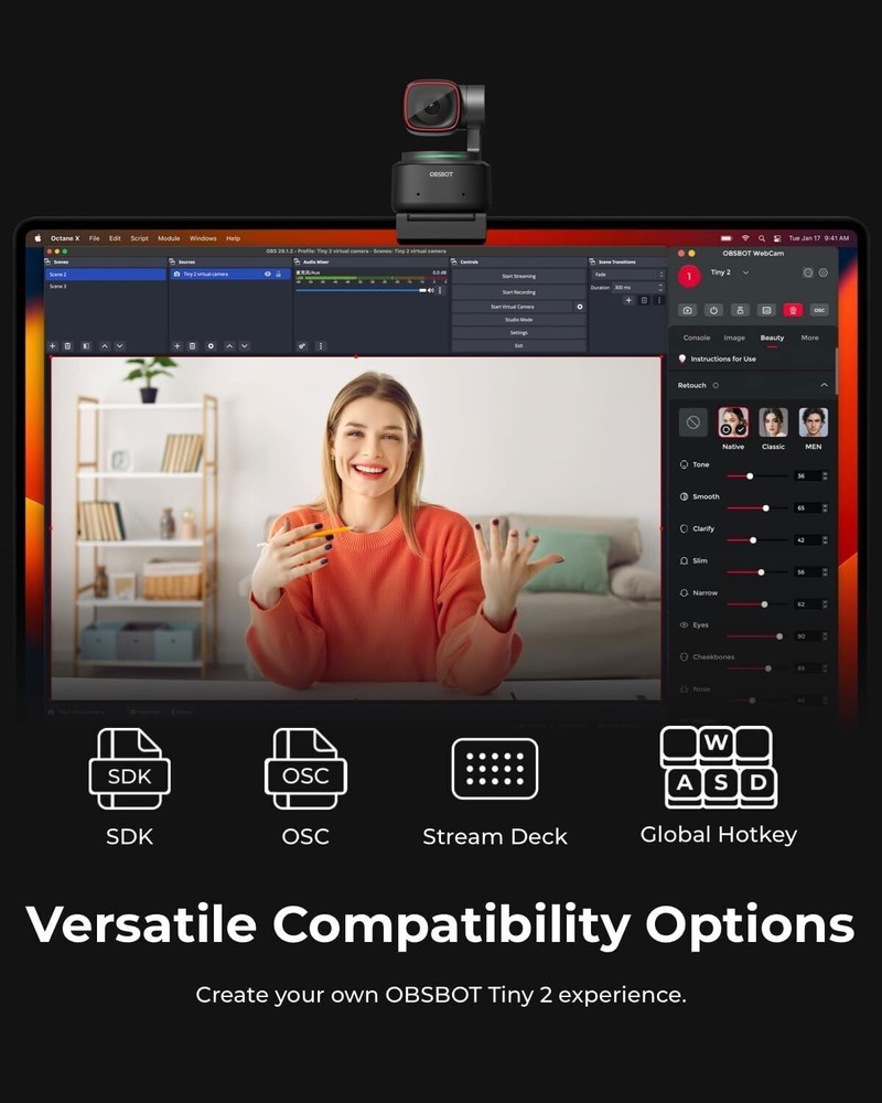 OBSBOT Tiny 2 60fps Camera Webcam 4K Voice Control PTZ Auto Tracking Streaming