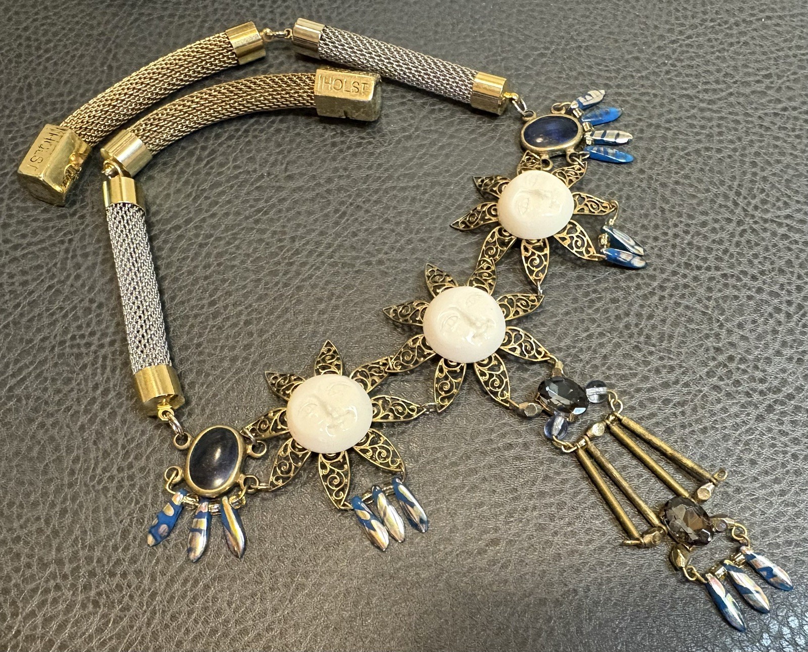 Holst + Lee Designer Celestial Sun Face Flower Chunky Necklace Gold Silver Tone