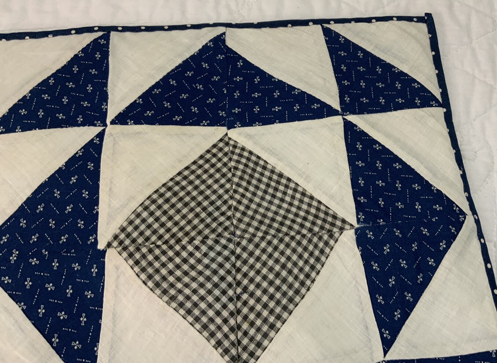 Vintage Patchwork Quilt Table Topper, Triangles, Early 1900’s, Navy, White