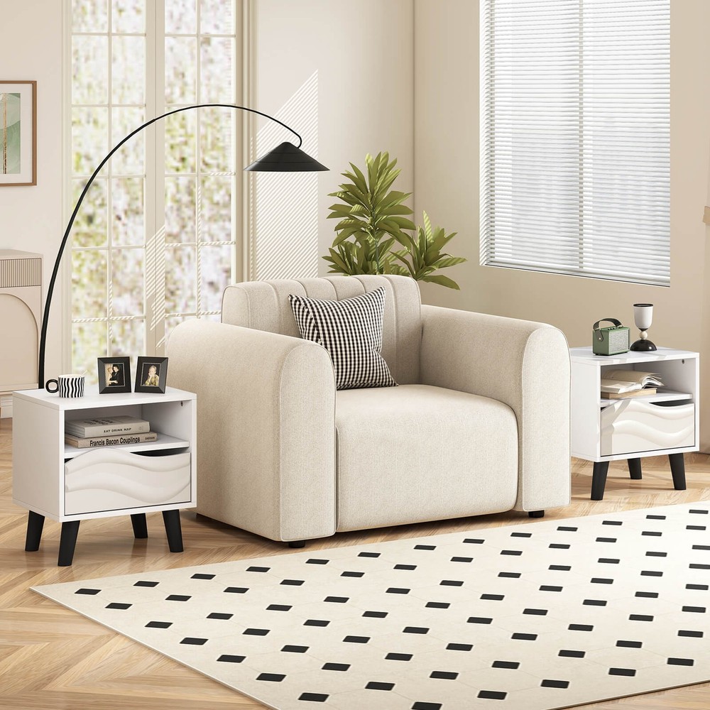 2PCS Nightstand w/Drawer 3D Wavy Pattern Open Shelf Small Sofa Couch Side Table