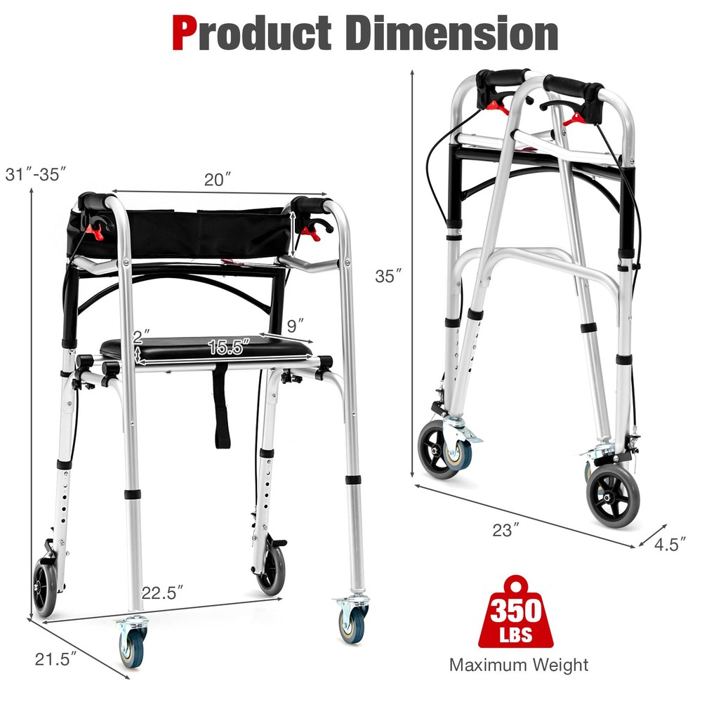 Standard Walker 2-button Folding Walker w/5" Wheels Trigger Release for Seniors
