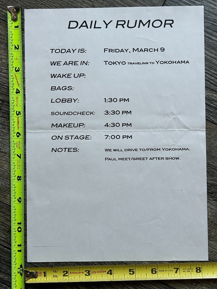 KISS Farewell Tour Itinerary Schedule Yokohama Japan March 9 2001 Vintage Kiss