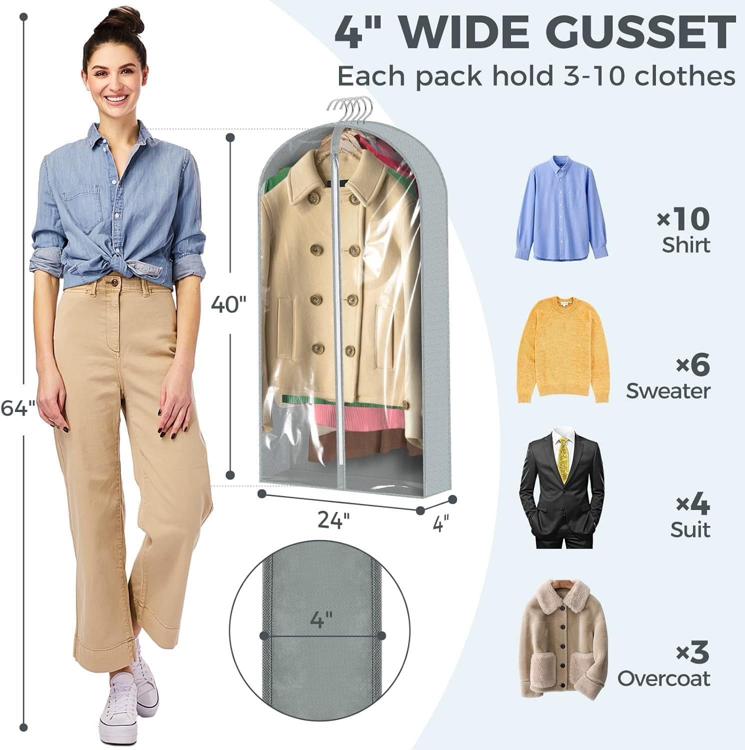 6 pcs 40" Garment Bags for Hanging Clothes, Clear Suit Bags for Closet Storage