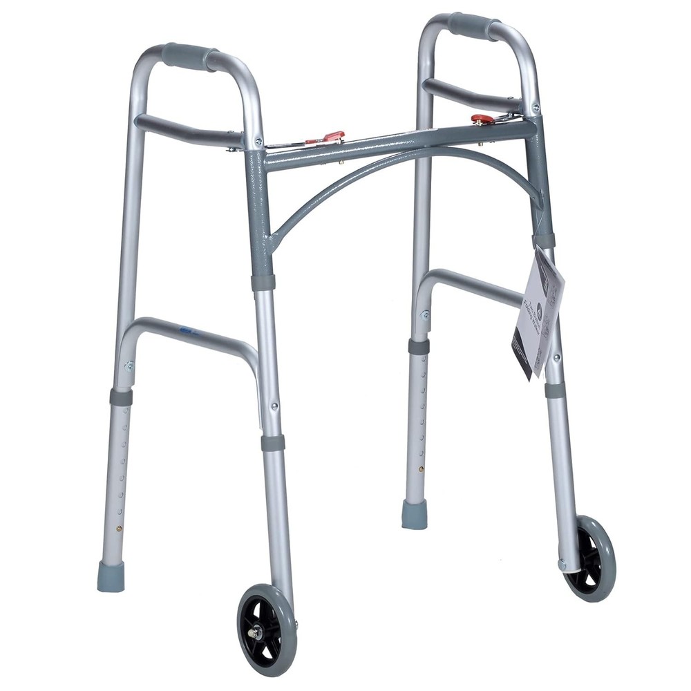 Junior Two-Button Folding Walker with Wheels has Tool-Free Adjustable Height