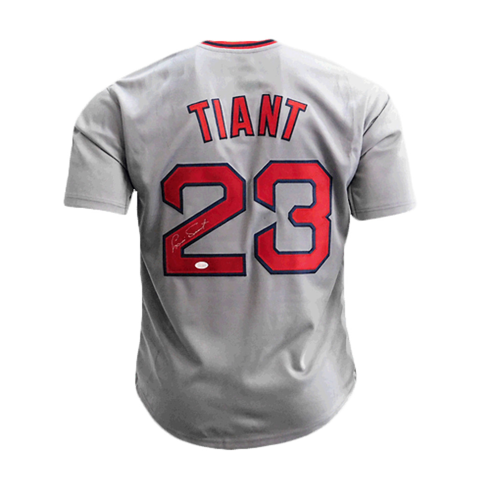 Luis Tiant Boston Autographed Throwback Baseball Jersey Grey (PSA)