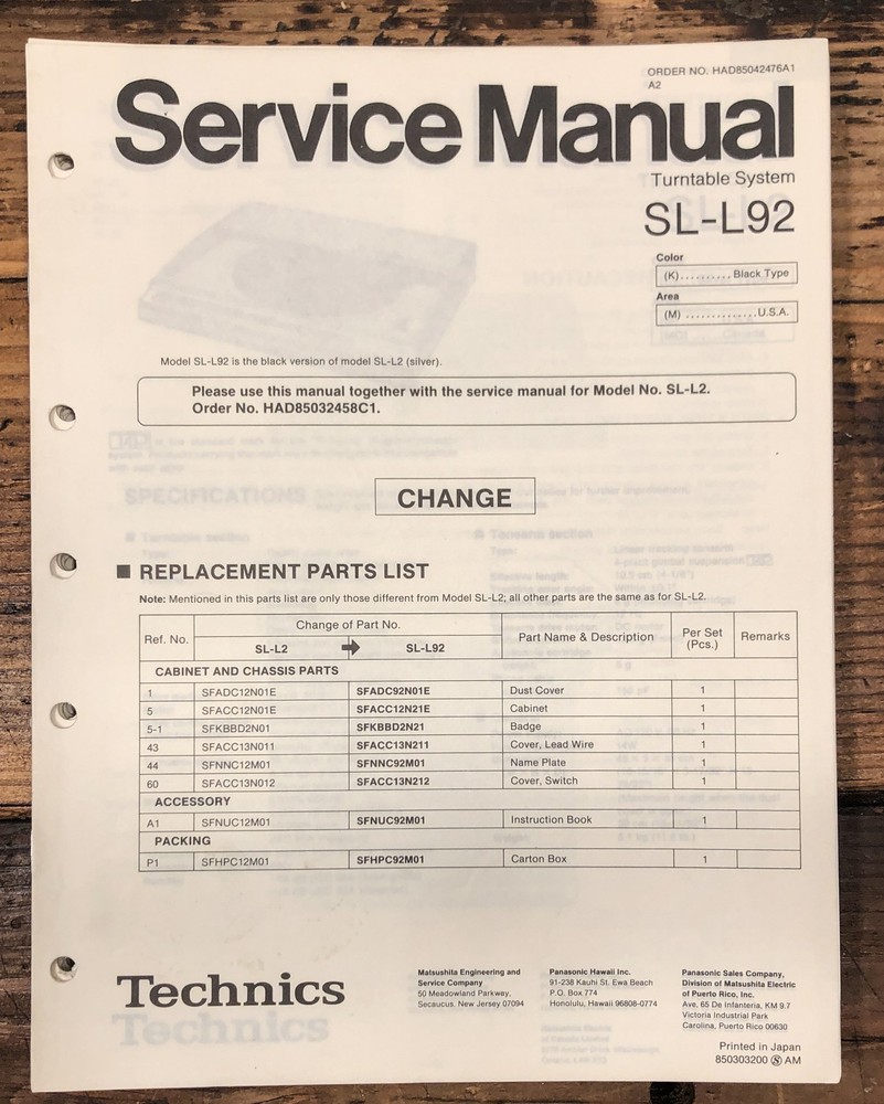 Technics / Panasonic SL-L92 Turntable Changes Service Manual *Original*