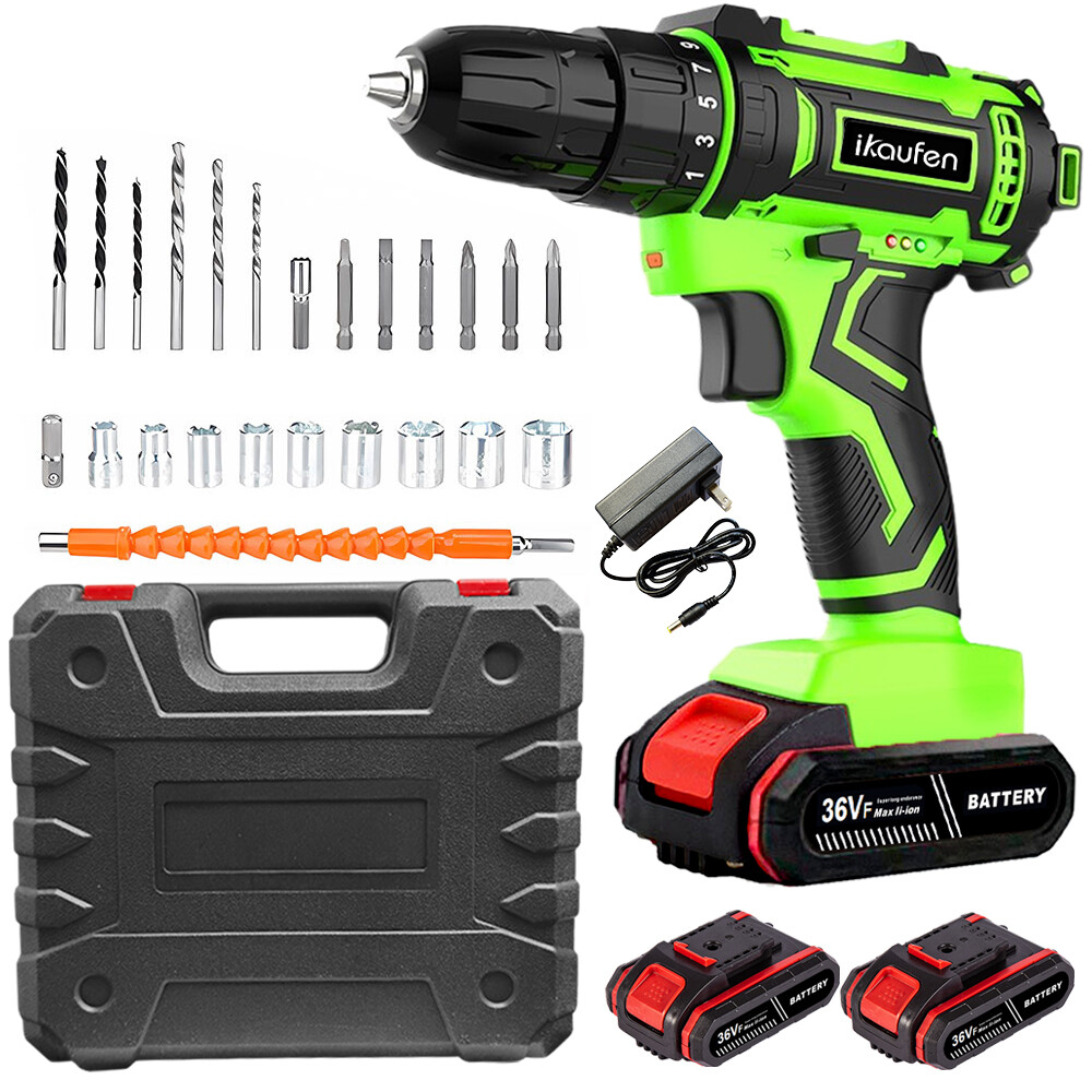 36Volt Drill 2 Speed Electric Cordless Drill / Driver with Bits Set 2 Battery A9