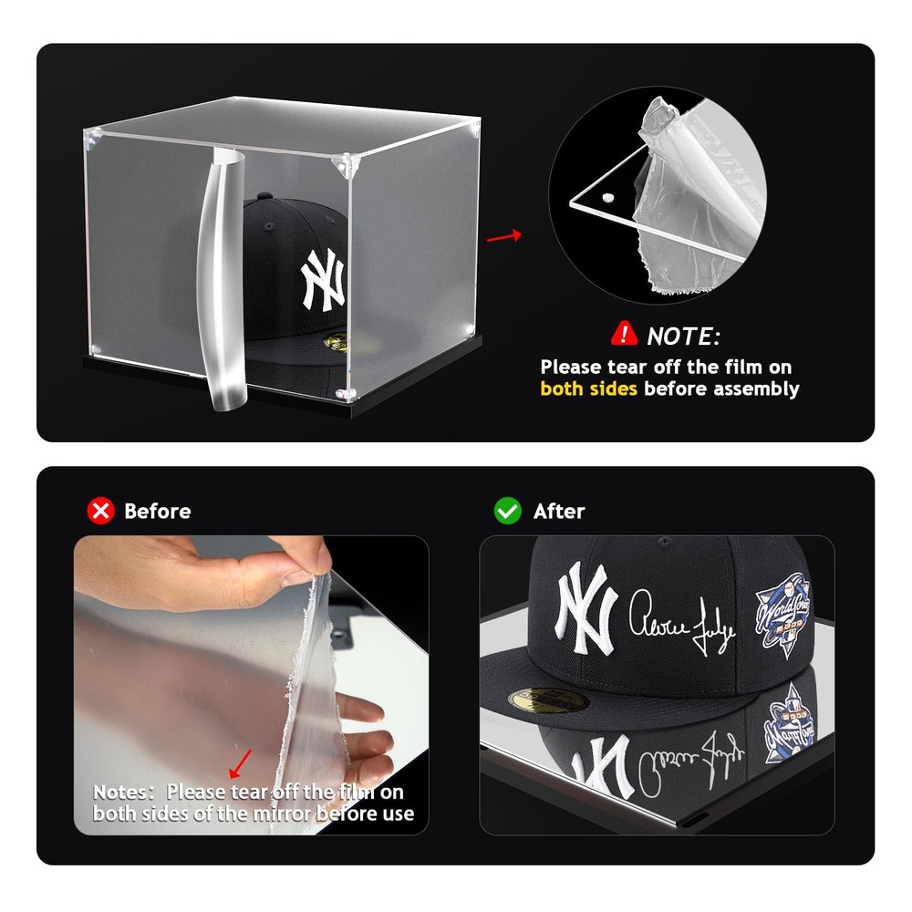 Hat Display Case, Clear Acrylic Hat Box with Mirror Base, Display Case for Baseb