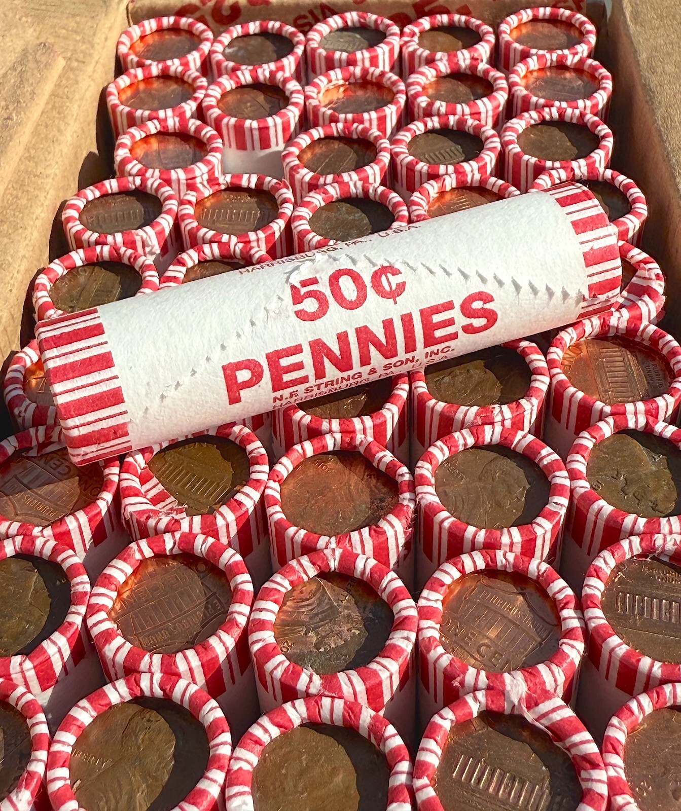 Unsearched Bank Wrapped Roll of 50 Pennies frm New Sealed Box Coin Roll Hunting