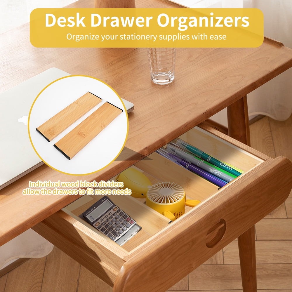 Bamboo Drawer Organizer, Adjustable & Stackable 5-Grid Tray for Kitchen,Bathroom