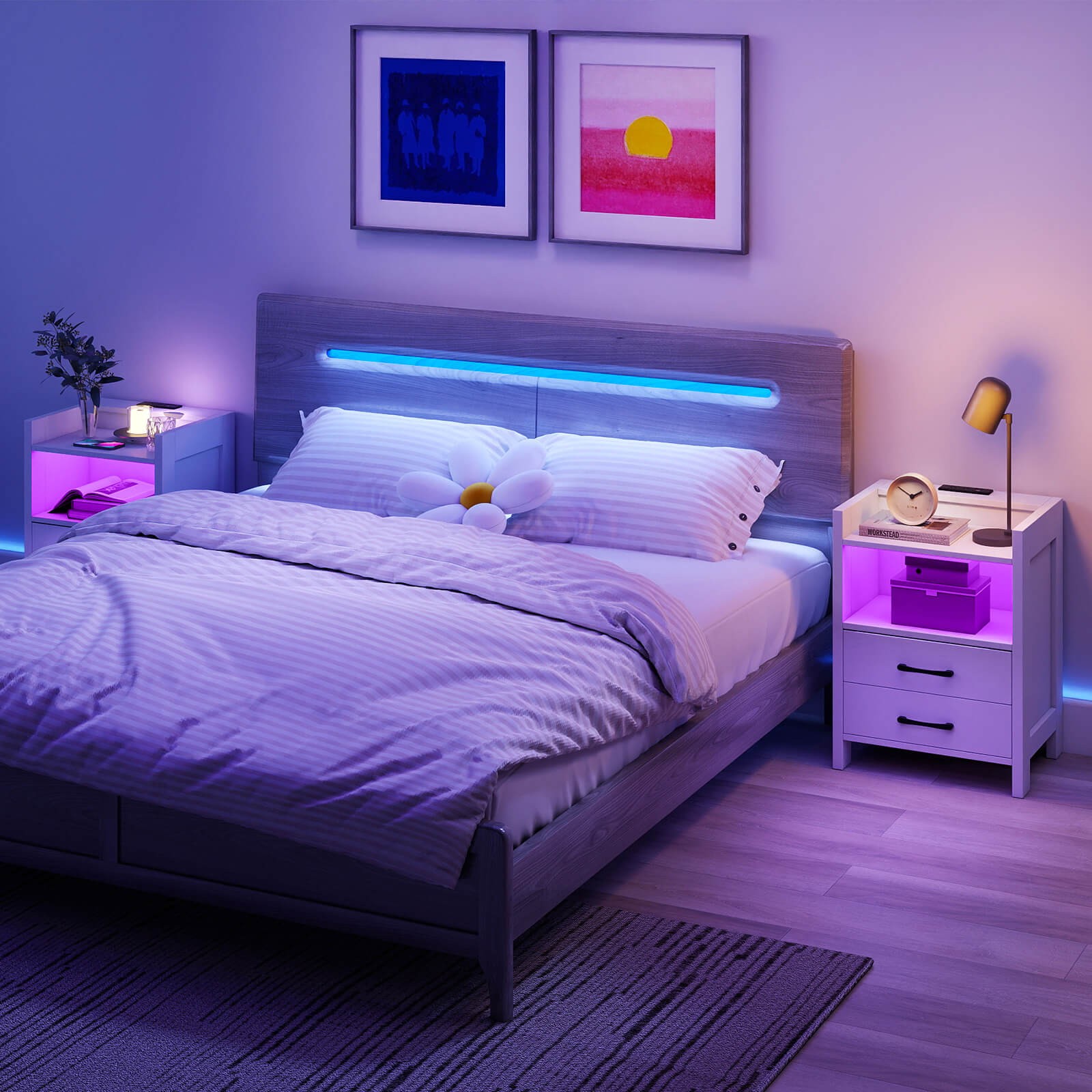 23.5” Nightstand w/LED Lights & Charging Station, USB Port & Outlets for Bedroom