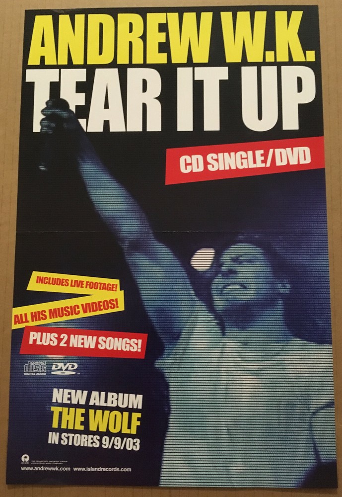 ANDREW W.K. Rare 2003 DOUBLE SIDED PROMO POSTER 4 Tear CD 11x17 NEVER DISPLAY wk