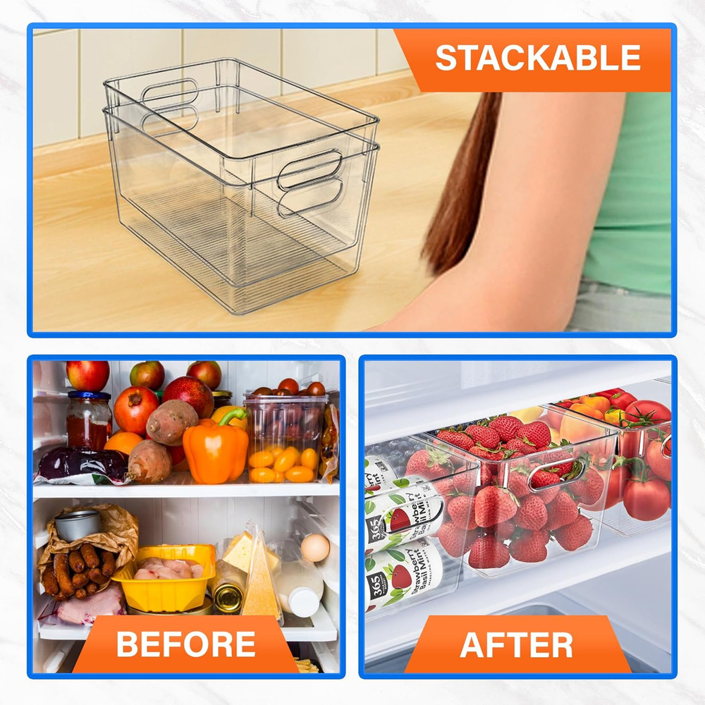 Multi-Purpose Refrigerator Bins - 6 Pieces Large Capacity Stackable Fridge Bin O