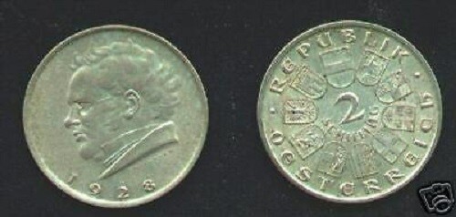 1928 Austria  silver 2 shillings Schubert UNC